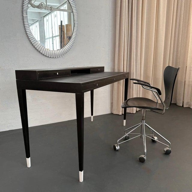 Italian Designer Tiered Black Lacquer Shagreen Leather Writing Desk For Sale - Image 10 of 14