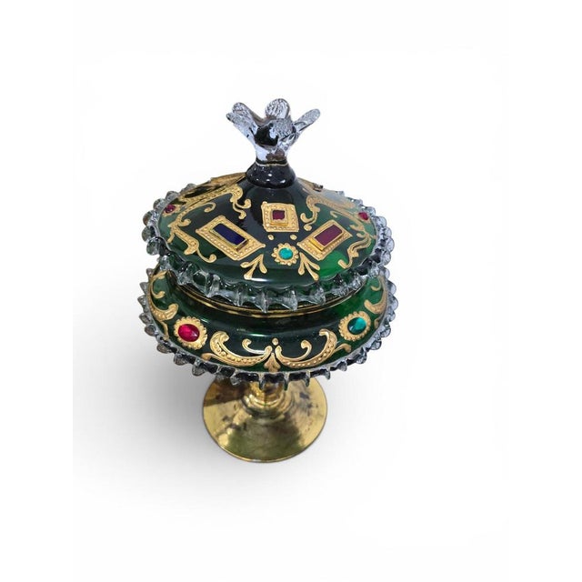 Venetian Emerald Green Glass Covered Bonbonnière with Gilt Decoration and Jewele, 1950 For Sale - Image 13 of 14