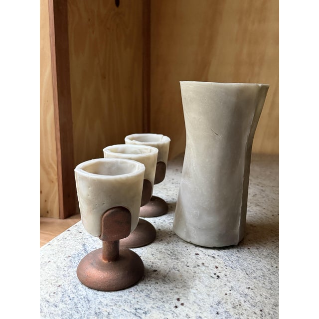 Vintage Brutalist Barware Set with Hand-Molded Capa Carafe and Vessels with Copper Bases, Set of 4 For Sale - Image 4 of 12