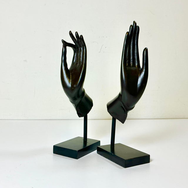 Mid-Century Asian Boho Chic Cast Metal Buddha Hand Sculpture - Set of 2. For Sale - Image 13 of 13