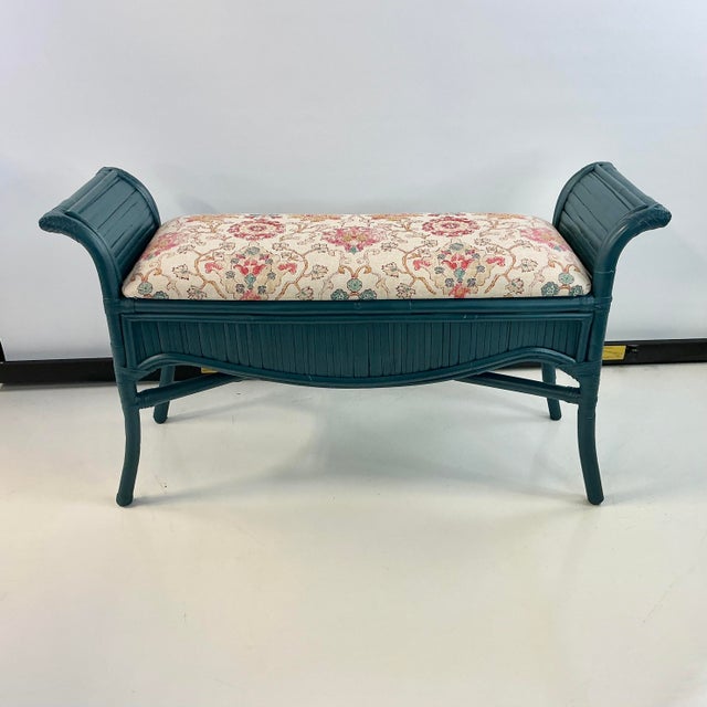 Mid-Century Boho Chic Coastal Bamboo Bench - Newly Upholstered Ikat Linen For Sale - Image 4 of 18