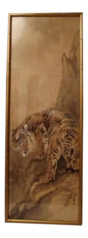 Early 20th Century Asian Tiger Painting on Silk, Framed