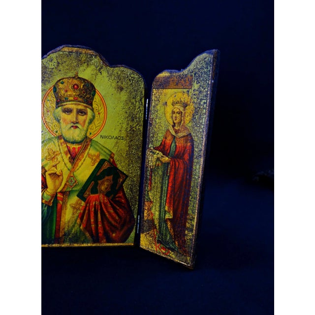 Mid-Century Byzantine Style Travel Triptych of Saint Nicholas of Myra, 1950s For Sale - Image 4 of 11