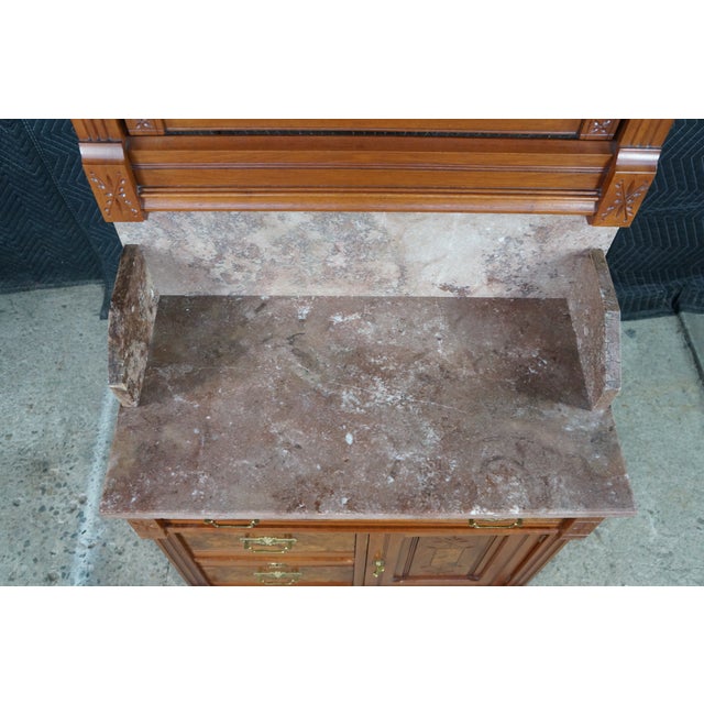 Antique Victorian Eastlake Walnut Burl Marble Washstand & Mirror Commode Cabinet For Sale - Image 12 of 18