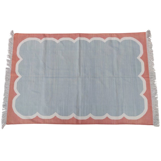 Handmade Cotton Pale Aqua, Cream and Red Washed Border Scalloped Rug - 6'x9' For Sale - Image 6 of 6