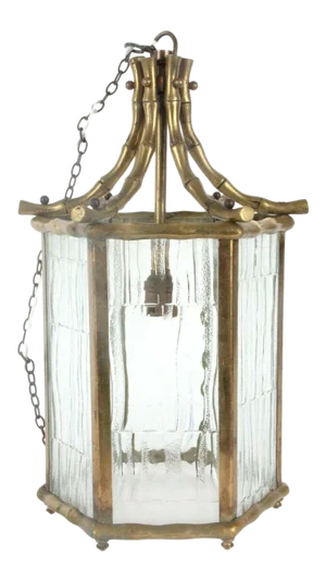 1940s French Hollywood Regency Maison Bagues Bronze Faux Bamboo Ceiling Lantern - Brutalist Glass