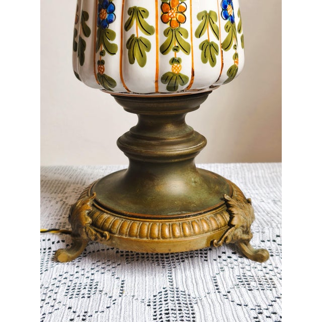 Mid-Century Italian Brass & Ceramic Table Lamp with Frosted Etched Glass Shade, 1950s For Sale - Image 12 of 15