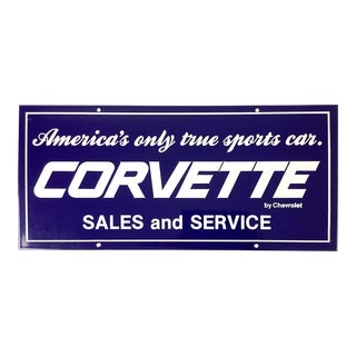 Vintage 1970s Corvette Sales and Service Blue and White Enameled Dealer Sign For Sale