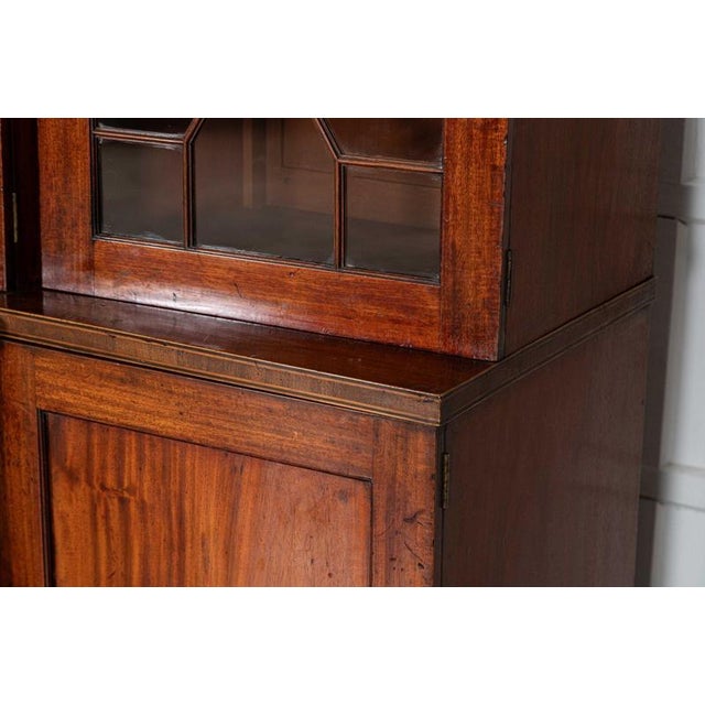 Antique English Breakfront Inlaid Glazed Bookcase in Mahogany, 1870 For Sale - Image 17 of 18