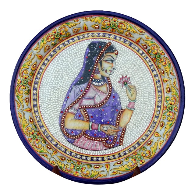 Marble Handicraft Plate Rajasthani Women Bani Thani Tribal Ethnic Hand Painted For Sale