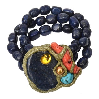 Vintage Custom Hand Wrought Lapis Lazuli, Coral, Citrine, Turquoise & Copper Gold Plated Medallion Cuff Bracelet For Sale