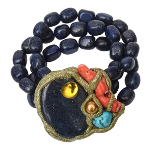 Vintage Custom Hand Wrought Lapis Lazuli, Coral, Citrine, Turquoise & Copper Gold Plated Medallion Cuff Bracelet