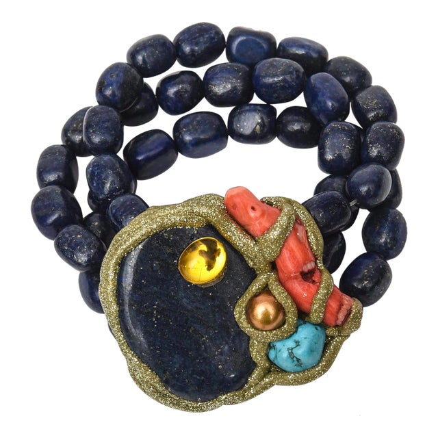 Vintage Hand Wrought Cuff Bracelet With Lapis Lazuli, Coral, Citrine, Turquoise & Copper For Sale
