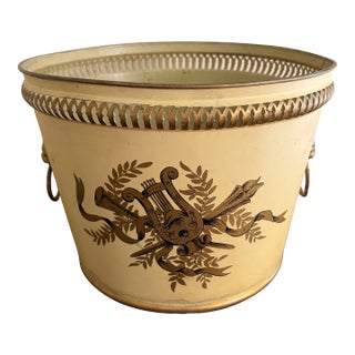 Antique French Neoclassical Yellow Tole Cachepot With Lion-Head Handles For Sale