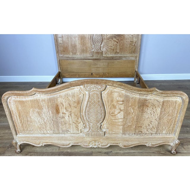 Vintage Louis XVI French Oak King Size Bed Frame with Carved Headboard For Sale - Image 3 of 13