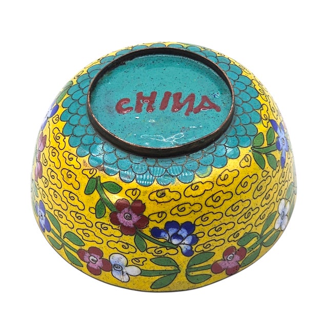 Blue Chinese Cloisonné Enamel Bowl With Yellow Floral Exterior and Blue Interior For Sale - Image 8 of 13
