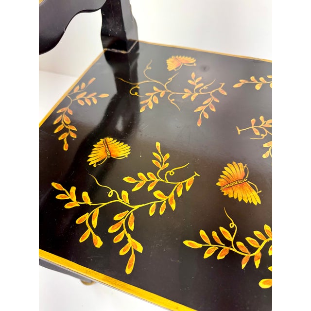 Vintage Chinoiserie Black Lacquer Accent Bench With Gilt Hand-Painted Motifs For Sale - Image 13 of 15