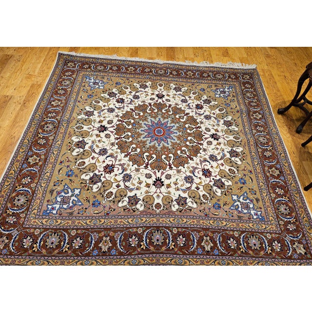 Vintage Persian Tabriz Square Area Rug, Hand-Knotted Wool & Silk, Fine Medallion Floral Pattern, Ivory & Brown, 7x7 For Sale - Image 4 of 16