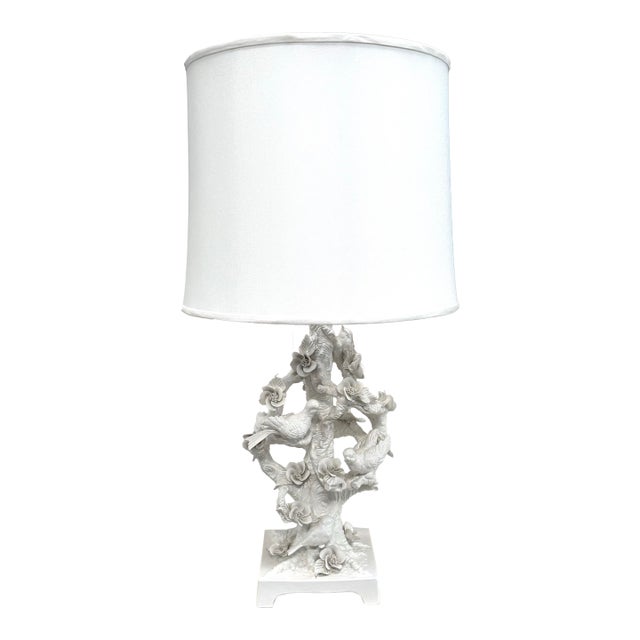 Mid 20th Century Large Italian Porcelain Lamp W/ Birds & Foliage For Sale