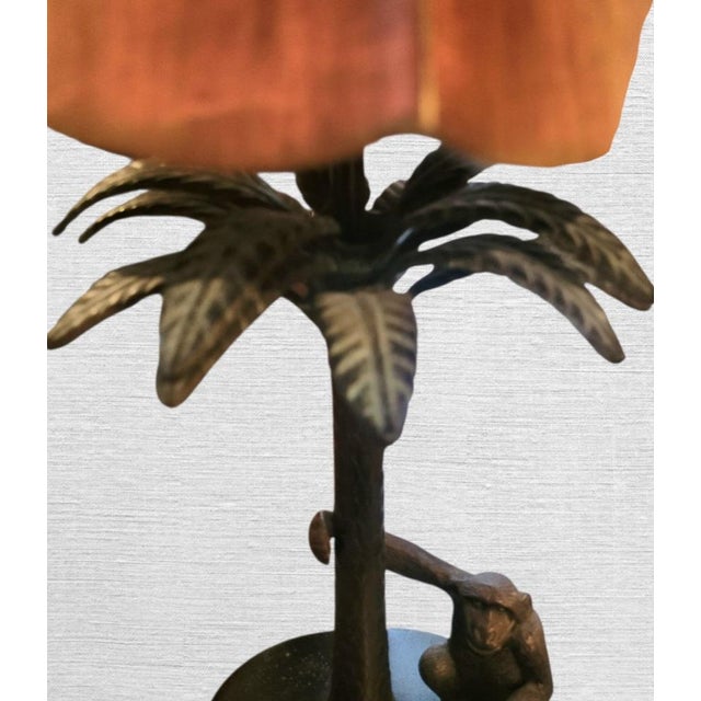 Red Vintage Palm Beach Regency Cast Iron Palm Tree Monkey Table Lamp W/ Hard Pleated Bell Red Parasol Shade For Sale - Image 8 of 12