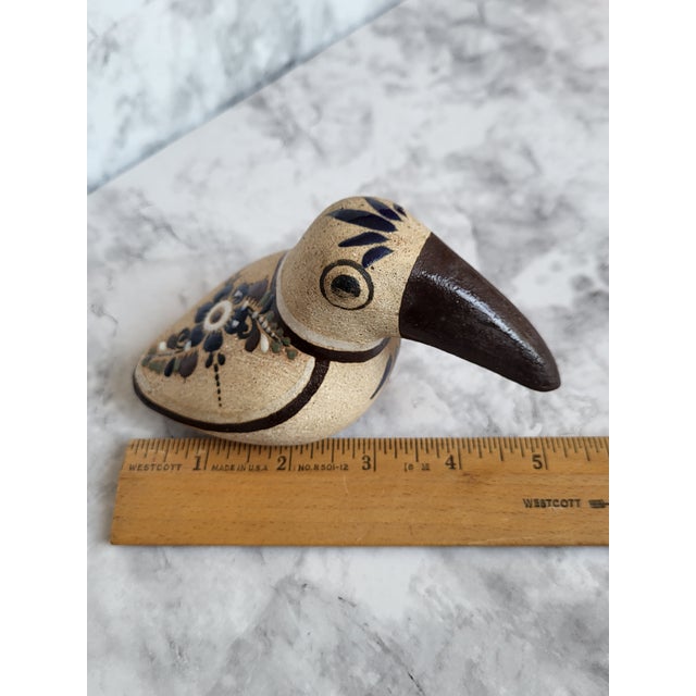 1990s Handcrafted Stoneware Bird Figurine With Brown Beak and Floral Details 4" Long Tonala Mexico For Sale - Image 12 of 12
