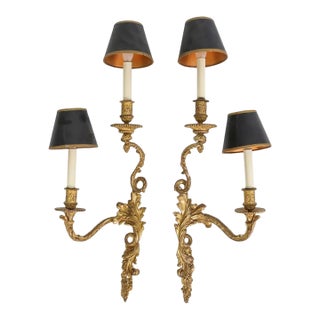 Mid 20th Century Louis XV Style Gilt Bronze Wall Sconces With Black Shades - a Pair For Sale
