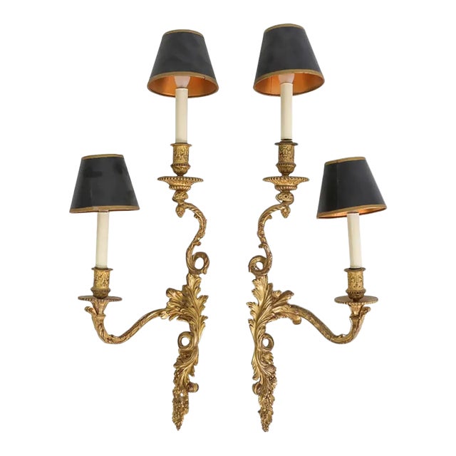 Mid 20th Century Louis XV Style Gilt Bronze Wall Sconces With Black Shades - a Pair For Sale