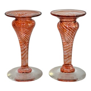 Murano Style Blown Glass Candlestick Holders, a Pair For Sale