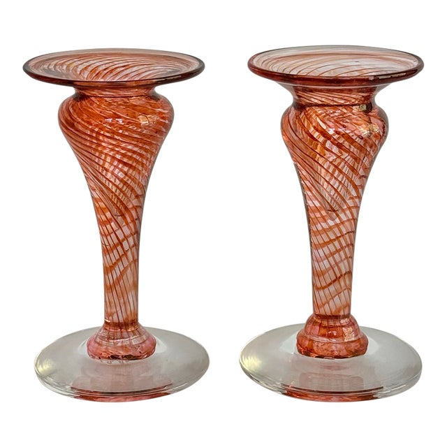 Murano Style Blown Glass Candlestick Holders, a Pair For Sale