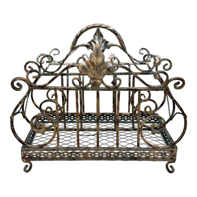 Vintage Fleur De Lis French-New Orleans-Victorian Style Iron Magazine Rack Caddy For Sale