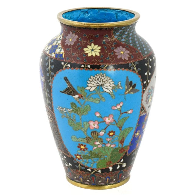 Japanese Antique Meiji Period Japanese Cloisonne Enamel Vase With Geometric Patterns Garden Scenes For Sale - Image 3 of 7