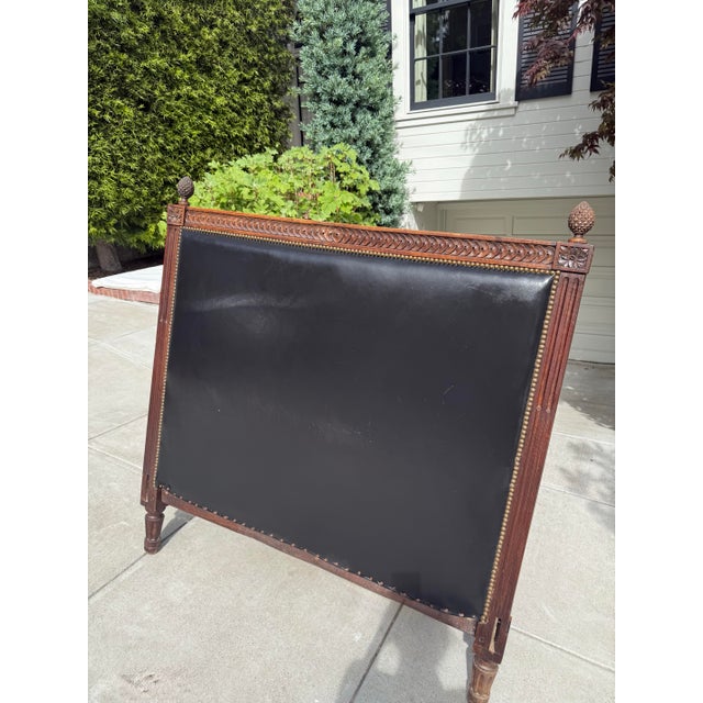 Antique Neoclassical Carved Wood & Black Leather Full-Size Headboard, Fluted Posts & Pinecone Finials For Sale - Image 10 of 12