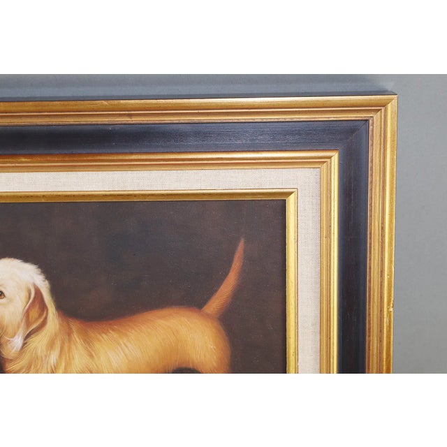 Oil Painting of Dandie Dinmont Terrier | Framed Dog Portrait | 15.25" x 17.25" Description: Reclined atop what appears to...