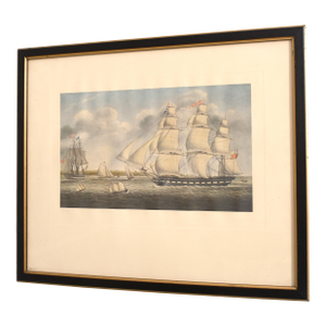 Vintage Colored Engraving of British Tall Ships 19th Century
