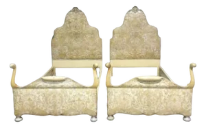 Set of Queen Anne Leather Embossed Single Beds, 1900