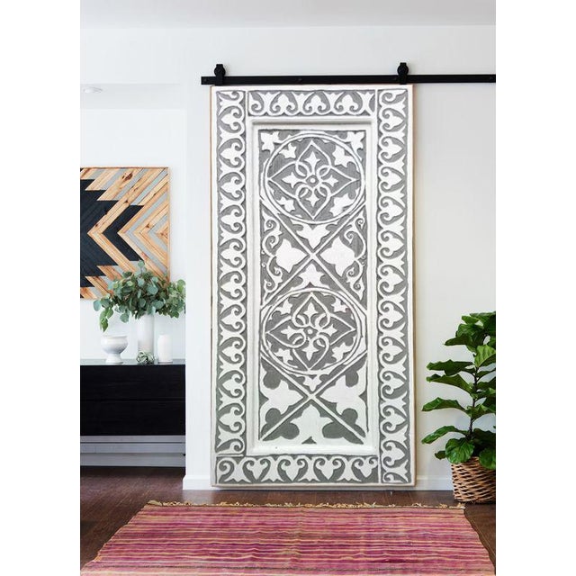 Hand-Carved Mediterranean Moroccan Style Door – Whitewashed Solid Wood, Floral & Geometric Design For Sale - Image 9 of 9
