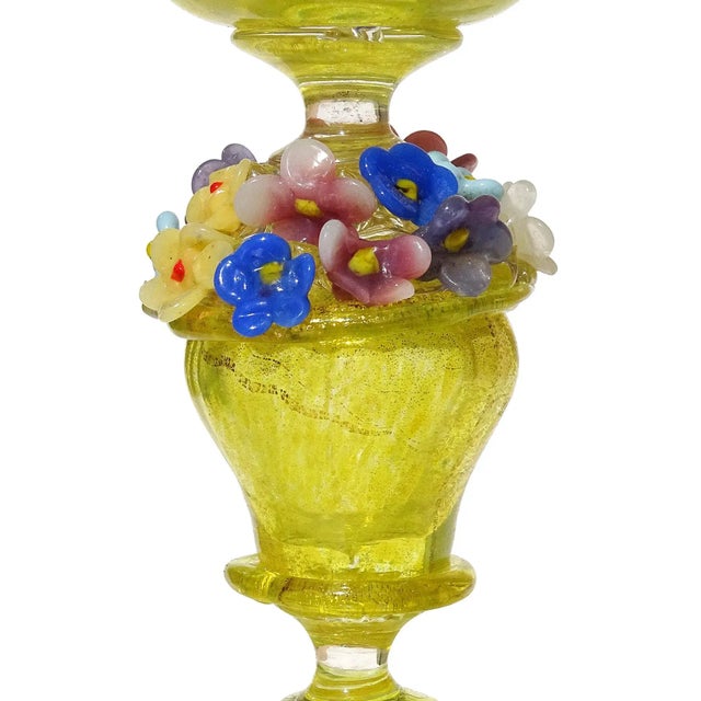 Early 20th Century Antique Venetian Murano Yellow Spots Basket of Flower Gold Fleck Italian Footed Drinking Glass Chalice For Sale - Image 5 of 7