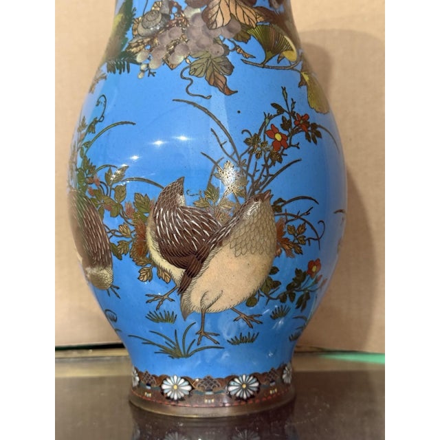 Japanese Meiji Japanese Cloisonne Enamel Vase With Quail, Insects, Fruit, and Flowers For Sale - Image 3 of 15