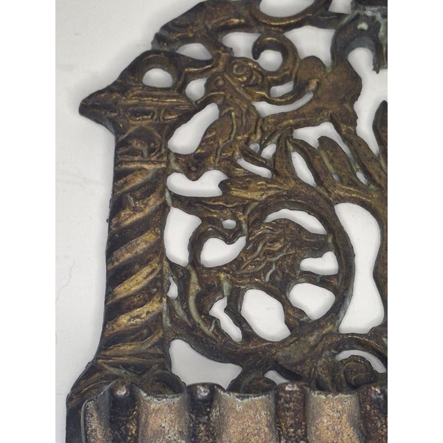 Antique 19thC Eastern European Brass Menorah Hanukkah Lamp Lions Tree of Life For Sale - Image 14 of 14