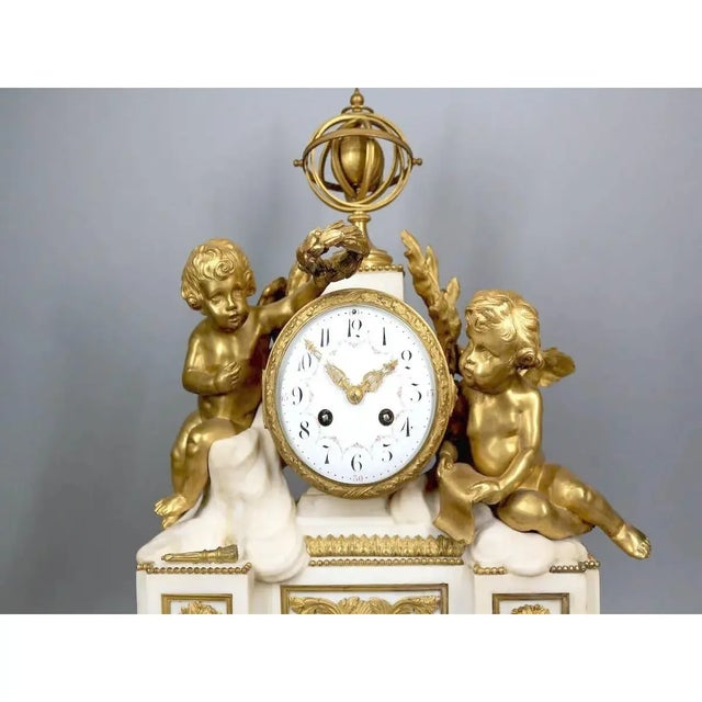 Bronze Antique French Louis XVI Gilt Bronze and Marble Chimnee Clock – Circa 1860, Napoleon III Era For Sale - Image 8 of 12