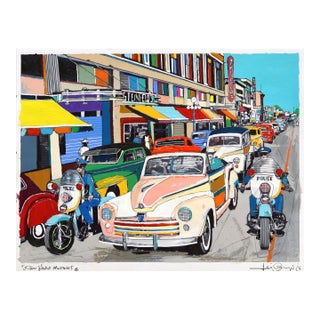 Stone Avenue Tucson - Original Colorful Retro Vintage Cars Urban Street Scene Mixed Media Work on Paper by Fabio Coruzzi For Sale