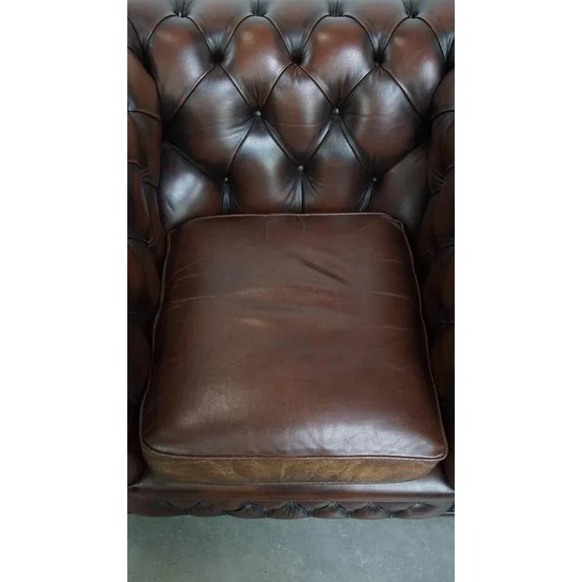English Chesterfield Armchair in Dark Brown Cowhide with Decorative Studs For Sale - Image 6 of 16