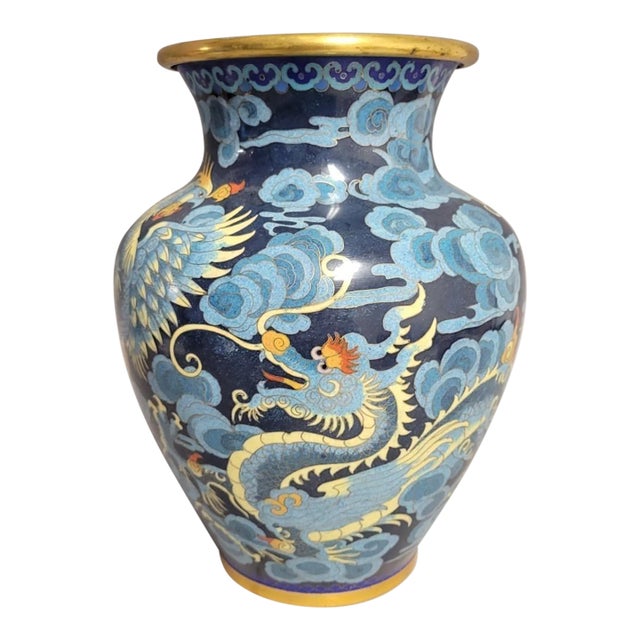 Chinese Cloisonné Vase With Dragon and Phoenix on Blue Ground, Mid-20th Century For Sale