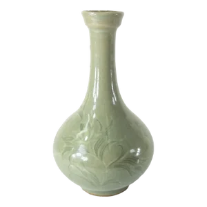 Mid-Century Korean Celadon Green Glazed Floral Vase