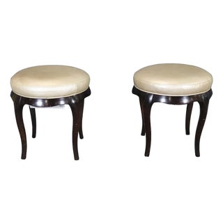 Pair of Barbara Barry for Baker Round Vanity Stools With Leather Upholstery and Sculpted Wood Bases For Sale