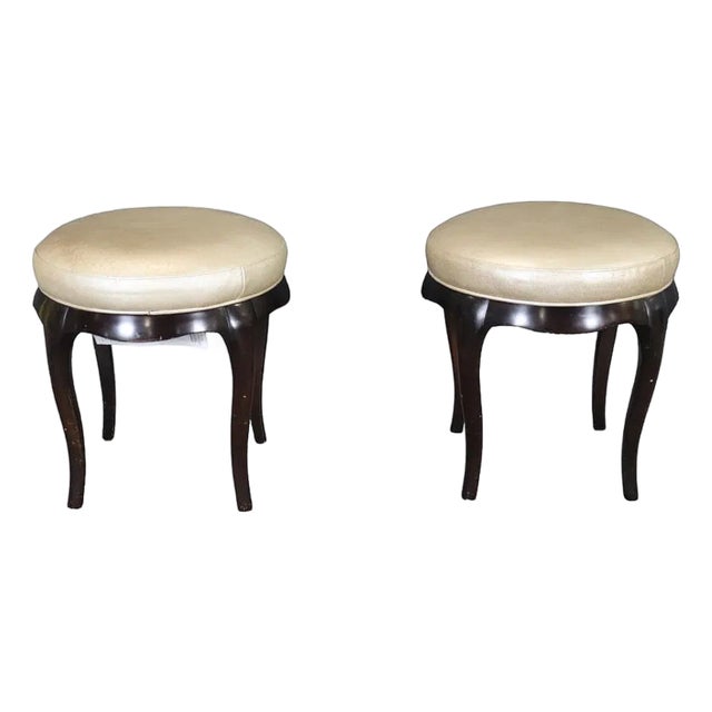 Pair of Barbara Barry for Baker Round Vanity Stools With Leather Upholstery and Sculpted Wood Bases For Sale