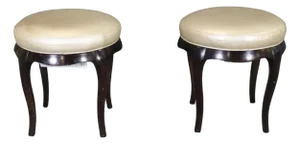 Pair of Barbara Barry for Baker Round Vanity Stools With Leather Upholstery and Sculpted Wood Bases