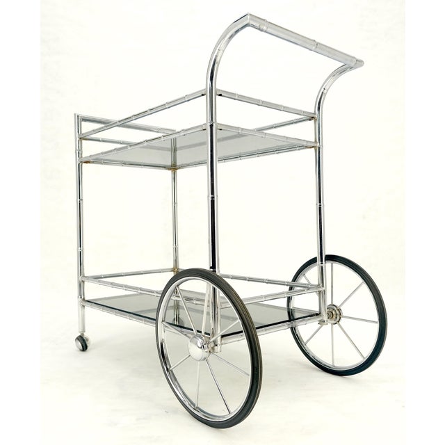 Italian Chrome Faux Bamboo Smoked Glass Two Tiers Serving Cart Bar Table MINT For Sale - Image 9 of 11