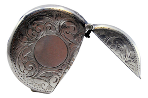 Circular Silver Matchbox with Engraved Plant Motifs and Monogram Card
