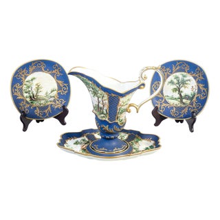 Hand-Painted Porcelain Jug and Saucers, Set of 4 For Sale